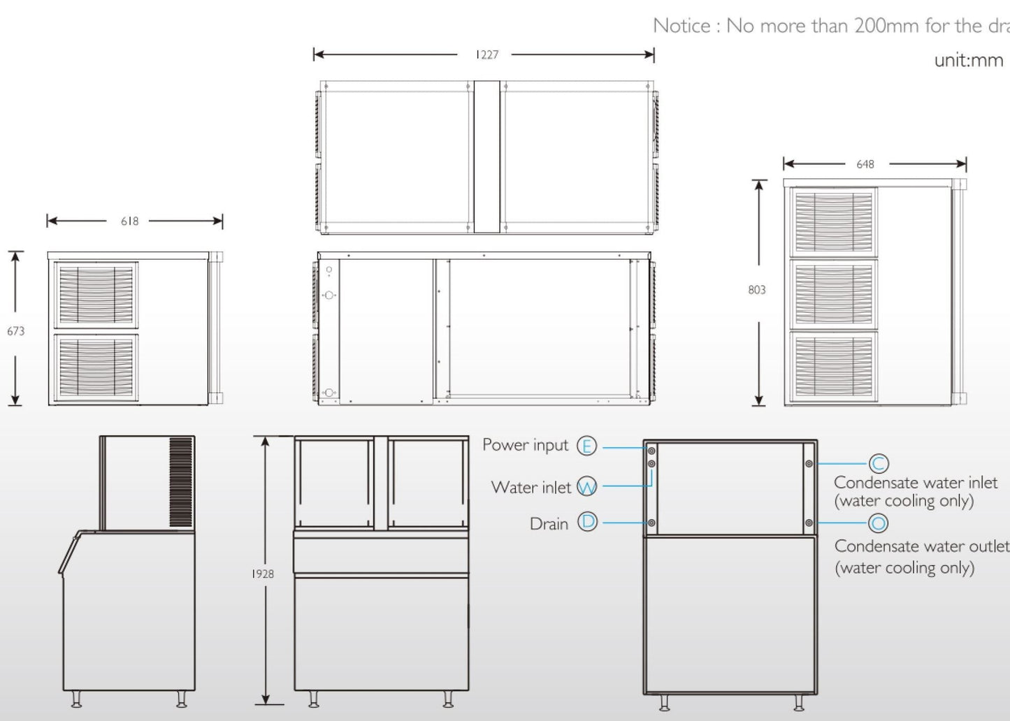 Spec plans for ICEPRO 900kg/24hr Commercial Cube Ice Maker Machine.