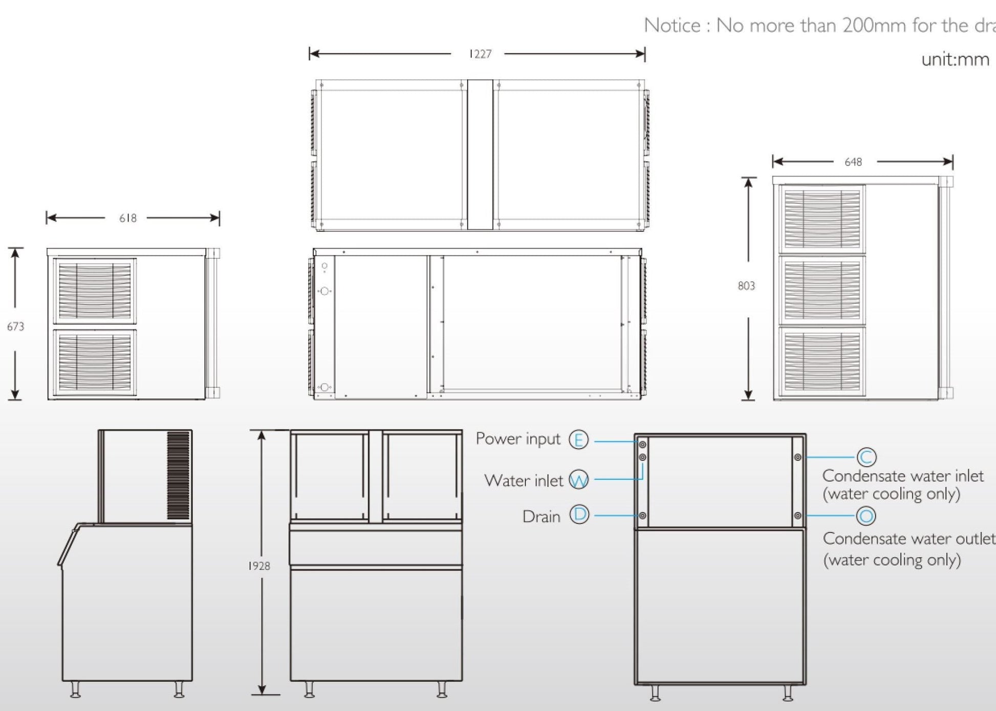 Spec plans for ICEPRO 900kg/24hr Commercial Cube Ice Maker Machine.